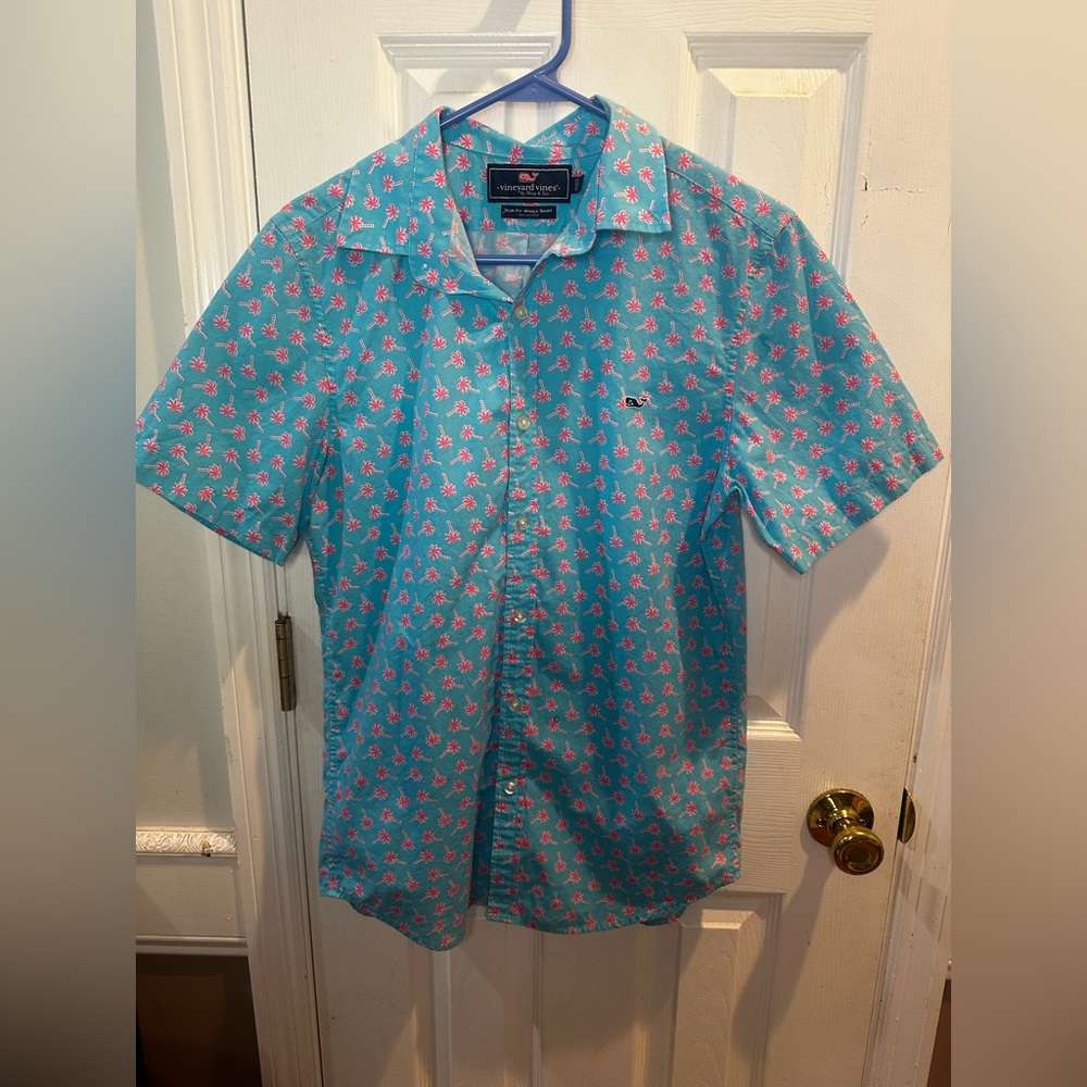 Vineyard Vines Slim Fit Whale Shirt Short Slve Blue Pink Palm Trees Tropical Sm